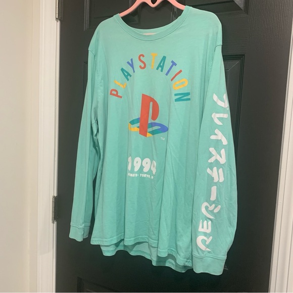 Sony PlayStation | Teal Long Sleeve Cotton Blend Shirt 1994 Kanji Detail | Sz XL - Picture 2 of 7